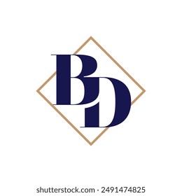 A flat logo of an initial letter BD in classic serif font in dark blue color inside a diamond shape in brown