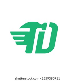 A flat logo of monogram TD in green with the letter T in a hammer shape with a wing
