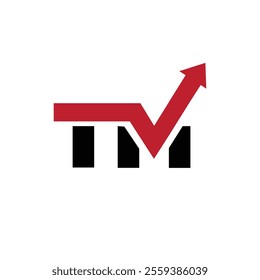 A flat logo of monogram TM in black with big red arrow crossing through it