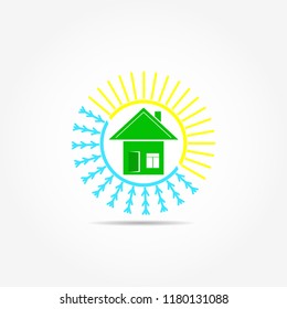 Flat logo with a picture of a house, snowflakes and suns 