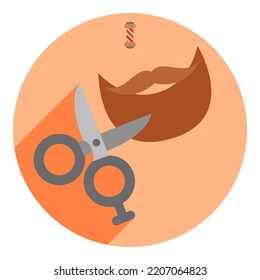 flat logo, scissors icon with beard and mustache. barbershop flat logo. gray scissors and brown beard. logo for a button on the site.