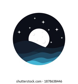 Flat Logo of Sea Waves under Moonlight