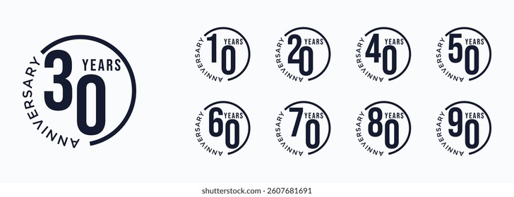 Flat logo set for 10 to 90th anniversary and black color on white background. Gold anniversary celebration emblem design for booklet, flyer, magazine or greeting card