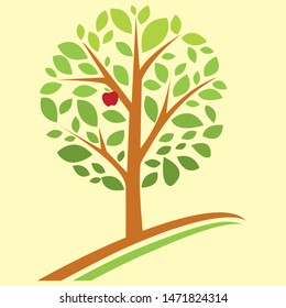 The flat logo Tree Nature with an red apple.