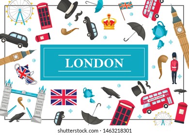 Flat London colorful concept with famous landmarks british royal guard UK flag raven bus car umbrella teapot phone booth smoking pipe crown vector illustration