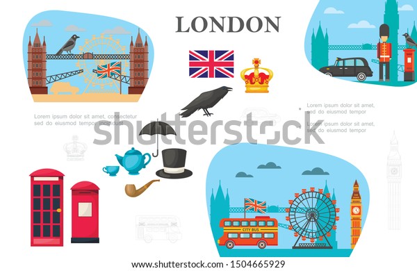 Flat London concept with Big Ben\
Tower Bridge London Eye raven crown teapot cup smoking pipe hat\
umbrella phone booth british guard vector\
illustration