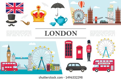 Flat London elements composition with british guard royal crown UK flag umbrella phone booth bus car tea cup smoking pipe famous attractions vector illustration