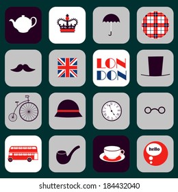 flat London icons on dark background
