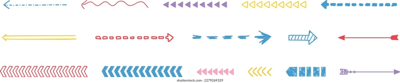 Flat long arrows set hand drawing for concept design. Isolated vector illustration. Vector illustration