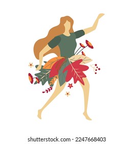 Flat long haired girl wearing skirt from flowers and leaves vector illustration