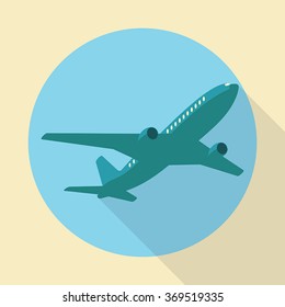 Flat long shadow air plane icon on blue