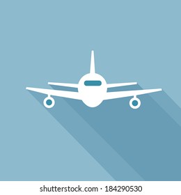 Flat long shadow airplane icon. Front view flying aircraft