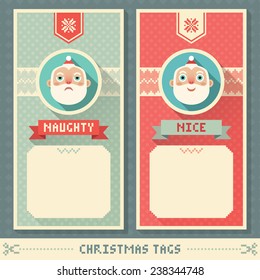 Flat long shadow Christmas tags with Santa Claus. Vector set. 