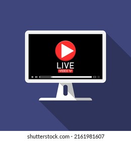Flat long shadow design, Live video on computer, Marketing illustration online.