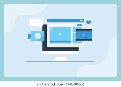 Flat long shadow design of Video content, Social media Video, Content marketing - vector banner illustration