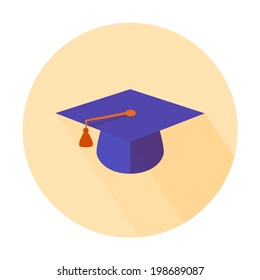 Flat long shadow graduation hat icon: education symbols