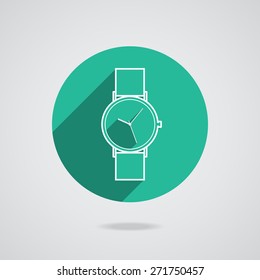 Flat long shadow green icon white wristwatch for web. Vector EPS10