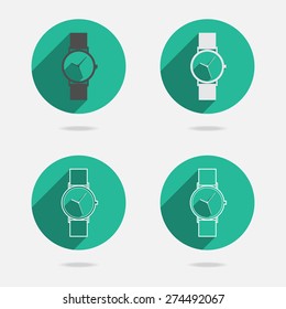 Flat long shadow green icon white wristwatch set for web. Vector EPS10