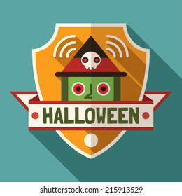 Flat long shadow Halloween sign with witch. Vector illustration.