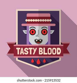 Flat long shadow Halloween sign with vampire. Vector illustration.