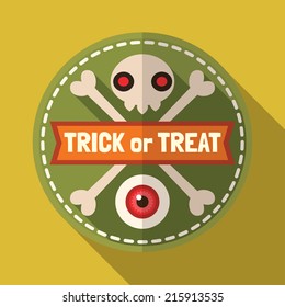 Flat long shadow Halloween sign with eyeball, skull and bones. Vector illustration.