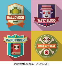 Flat long shadow Halloween signs with toad, vampire, magic book, eyeball, skull and bones. Vector set.