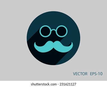 Flat long shadow Hipster retro style mustache and eyeglasses icon, vector illustration