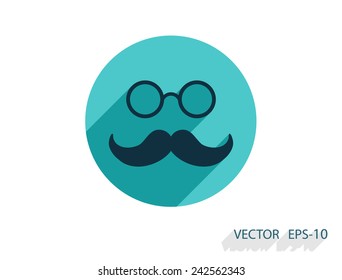 Flat long shadow Hipster retro style mustache and eyeglasses icon, vector illustration