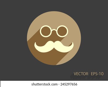 Flat long shadow Hipster retro style mustache and eyeglasses icon, vector illustration