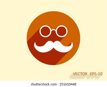 Flaches Schattensymbol im Retro-Stil, Schnurrbart und Brille, Vektorgrafik