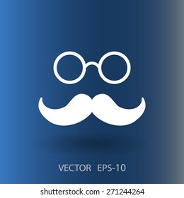 Flat long shadow Hipster retro style mustache and eyeglasses icon, vector illustration