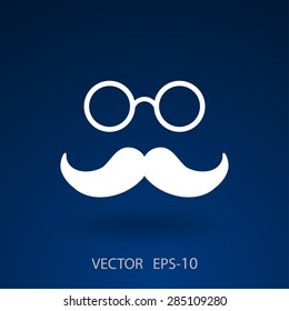 Sombra plana larga Hipster estilo retro bigote y gafas icono, ilustración vectorial