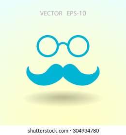 Sombra plana larga Hipster estilo retro bigote y gafas icono, ilustración vectorial