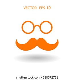 Sombra plana larga Hipster estilo retro bigote y gafas icono, ilustración vectorial