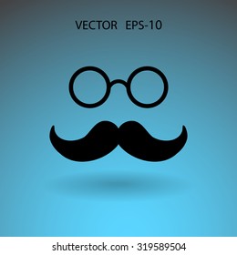 Sombra plana larga Hipster estilo retro bigote y gafas icono, ilustración vectorial