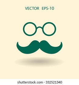 Flat long shadow Hipster retro style mustache and eyeglasses icon, vector illustration