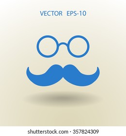 Sombra plana larga Hipster estilo retro bigote y gafas icono, ilustración vectorial