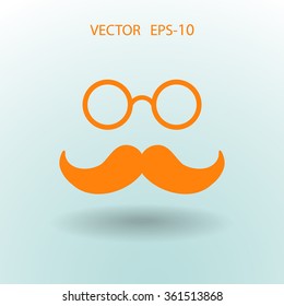 Flat long shadow Hipster retro style mustache and eyeglasses icon, vector illustration