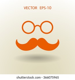 Flat long shadow Hipster retro style mustache and eyeglasses icon, vector illustration