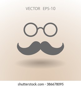 Flaches Schattensymbol im Retro-Stil, Schnurrbart und Brille, Vektorgrafik