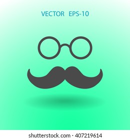 Flat long shadow Hipster retro style mustache and eyeglasses icon, vector illustration
