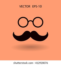 Flat long shadow Hipster retro style mustache and eyeglasses icon, vector illustration