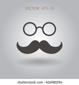 Flaches Schattensymbol im Retro-Stil, Schnurrbart und Brille, Vektorgrafik