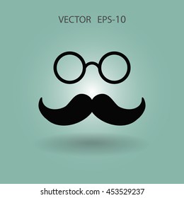Flat long shadow Hipster retro style mustache and eyeglasses ico