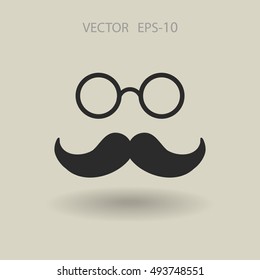 Flat long shadow Hipster retro style mustache and eyeglasses ico