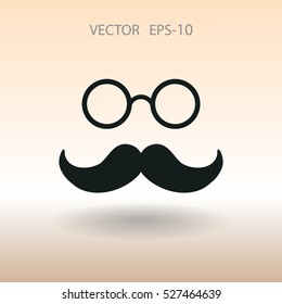 Flat long shadow Hipster retro style mustache and eyeglasses ico