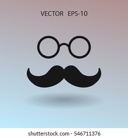 Flat long shadow Hipster retro style mustache and eyeglasses ico