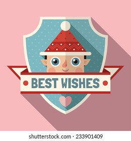 Flat long shadow holiday sign with elf. Vector illustration.