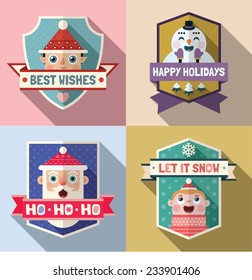 Flat long shadow holiday signs with elf, snowman, Santa Claus and happy boy. Vector set.
