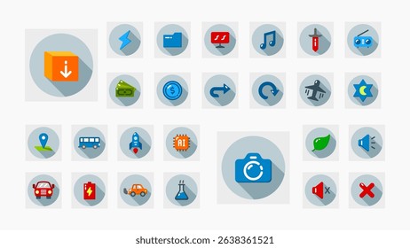 Flat long shadow icons covering UI, technology, transport, media, money, science, AI, eco, and mobile interaction themes.